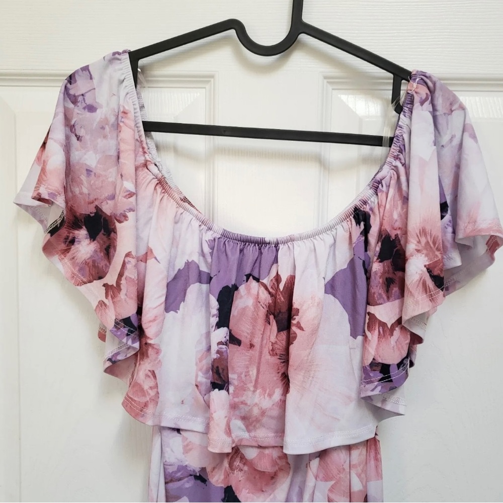Pinkblush Maternity Pink Purple Floral Off Shoulder Ruffle Maxi Dress Womens S